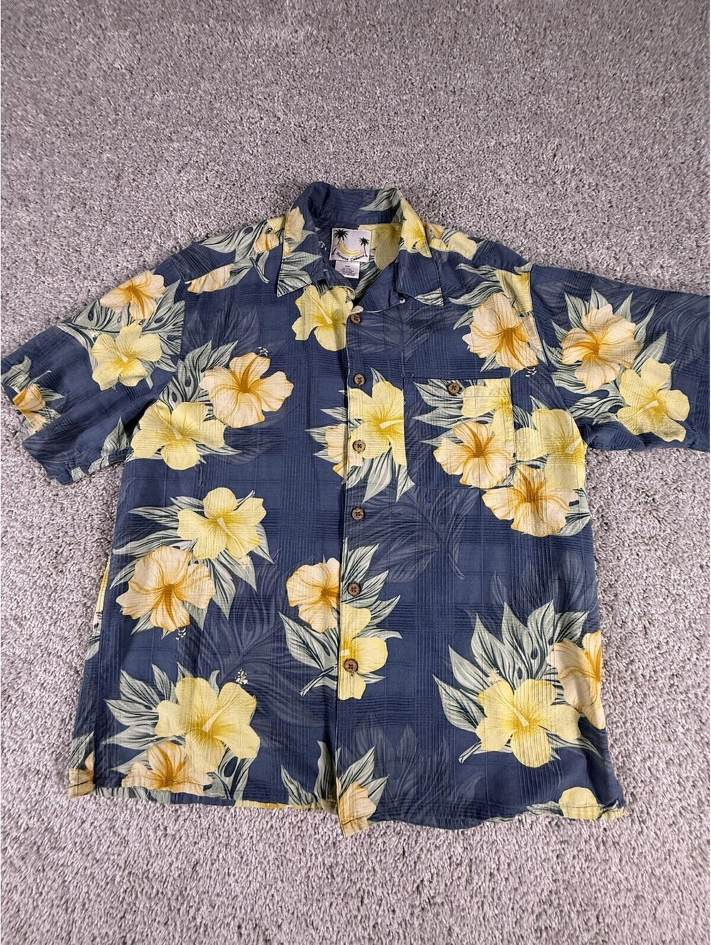 Banana Cabana Men’s 100% Silk Hawaiian Shirt Blue Floral Short Sleeve L